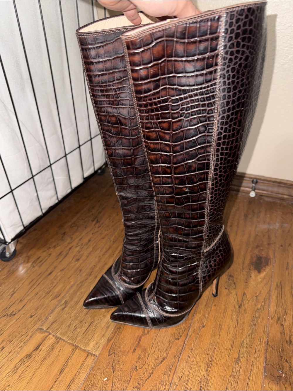 Luciano Padovan Knee-High Croc-Embossed Pointed Toe Stiletto Boots